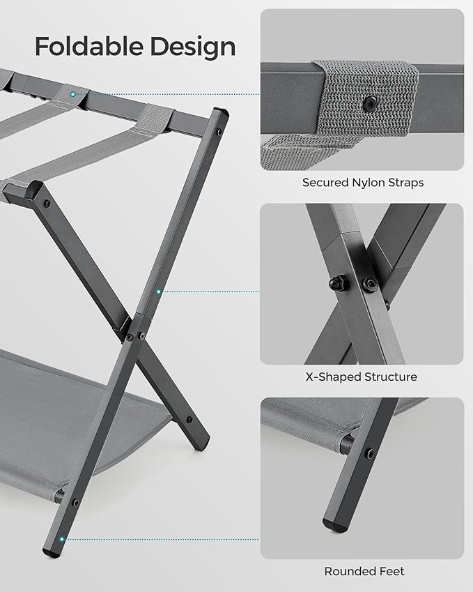 SONGMICS Luggage Racks for Guest Room, Set of 2, Suitcase Stand with Storage Shelf, Steel Frame, Foldable for Easy Storage, Hotel, Bedroom, Slate Gray URLR003G02