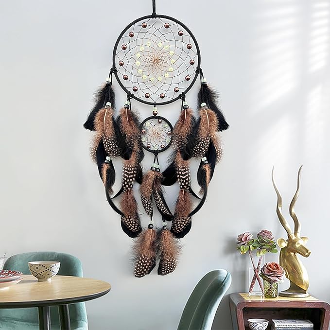 Dream Catchers with Luminous Beads Dream Catchers for Adults Handmade Native American Hanging Wall Decor Ornament for Bedroom Brown