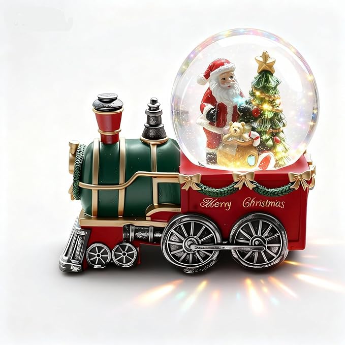 Christmas Snow Globe with Light up and Musical Snowflakes, 5.9 Inch Height Santa Claus Train Resin Snowglobe, Christmas Holiday Indoor Decor.