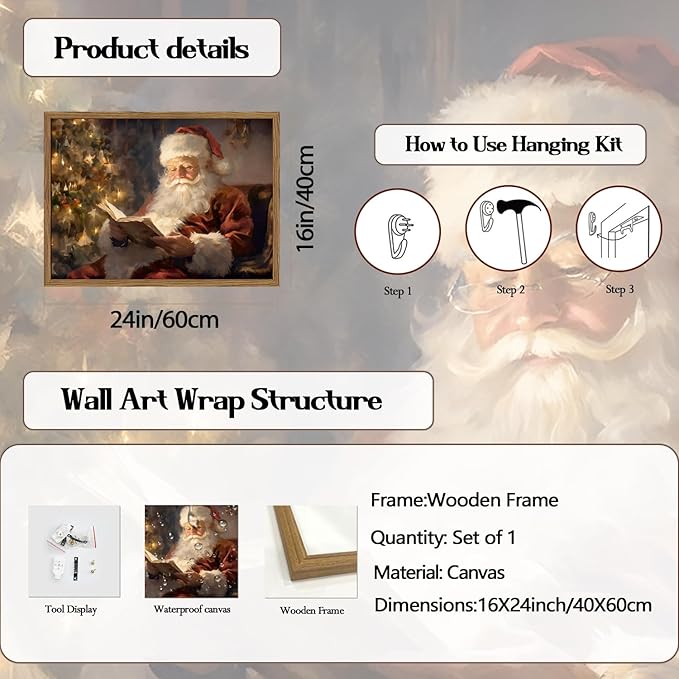 Framed Vintage Christmas Canvas Wall Art, Santa Claus Reading Book Paintings Wall Decor, Rustic Winter Holiday Pictures Prints for Living Room Bedroom Home Decoration 16×24 inch