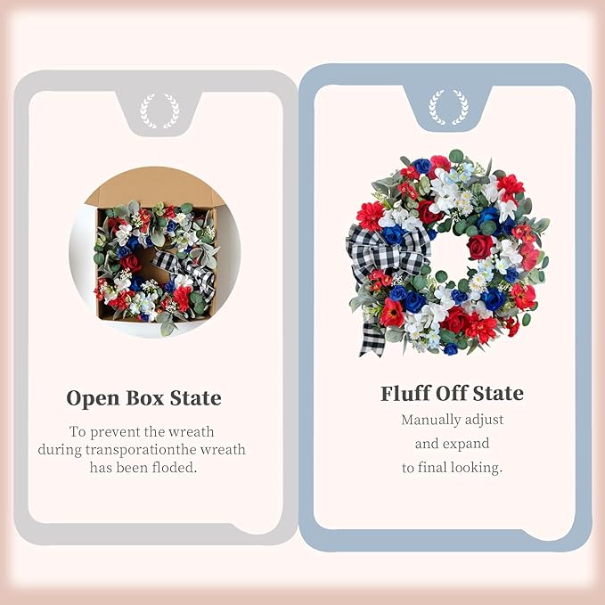 idyllic 22 Inch Patriotic Wreath 4th of July Wreaths for Front Door Red White and Blue Wreath Artificial Roses Hydrangea and Plaid Bow for Memorial Independence Day Spring Indoor Outdoor Decorations