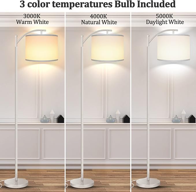 Floor Lamp for Living Room with 3 Color Temperatures LED Bulb, Standing Lamp Tall Industrial Floor Lamp Reading for Bedroom, Office (9W LED Bulb, White Lampshade Included) -Silver