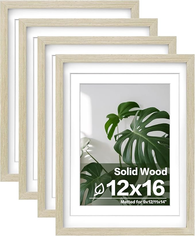Egofine 12x16 Picture Frames Set of 4, Made of Solid Wood Covered by Plexiglass 9x12 and 11x14 with Mat or 12x16 without Mat, for Wall Mounting Photo Frame Distressed Wood Grain