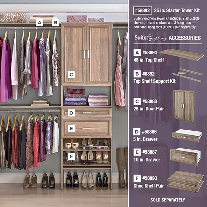 ClosetMaid SuiteSymphony Wood Closet Organizer Starter Kit with Tower and 3 Hang Rods, Shelves, Adjustable, Fits Spaces 5 – 10 ft. Wide, Natural Gray