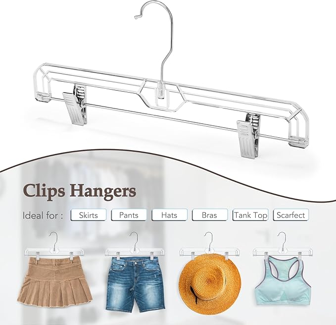 HOUSE DAY Clear Skirt Hangers with Clips, Non-Slip Plastic Pant Hanger with 2 Adjustable Clips, Upgraded Clip Hanger for Pants, Skirts, Shorts, 14" Clear Hangers 10 Pack, 360-Rotating Swivel Hook