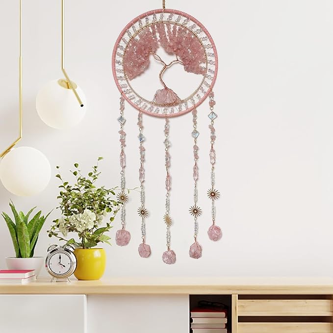 Crystal Tree of Life Dream Catchers with Stone Pendant Pink Dream Catcher Wall Decor Handmade Dreamcatcher Wall Hanging Ornament for Bedroom Living Room Home Decor