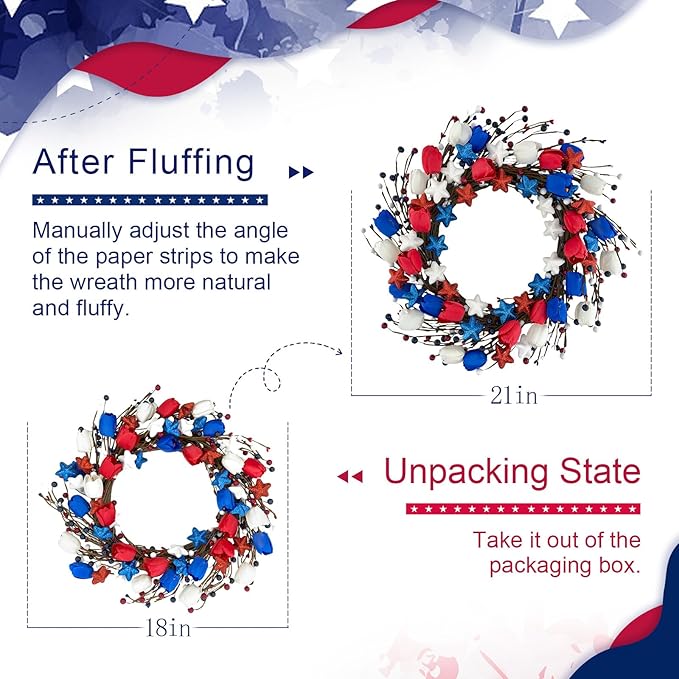 21" Patriotic Wreath for Front Door 4th of July Wreaths with Red White Blue Tulip Flowers&Berry for 250th Anniversary USA Memorial Day, Independence Day Home Porch Wall Outdoor Farmhouse Decoration