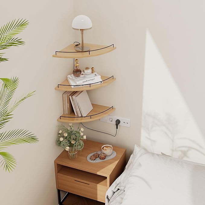 JJL Corner Shelf Wall Mounted, 12 Inches 3-Tier Floating Corner Shelf, Fan-Shaped Rustic Wood Decor with Fence, Natural Wood Grain Storage for Apartment Bedroom Kitchen Bathroom