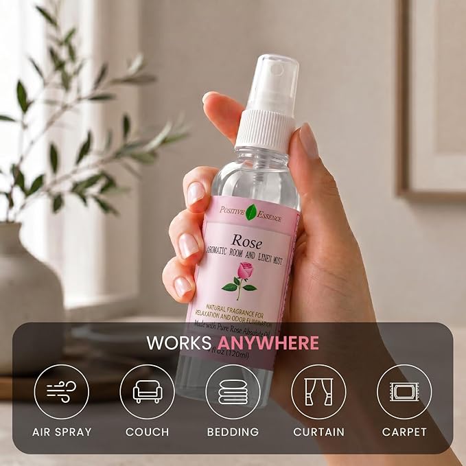 Rose Linen and Room Spray, Natural Pillow Spray Made with Pure Rose Essential Oils, Relaxing Home Fragrance
