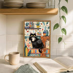 Framed Funny Black Cat Canvas Wall Art, Cute Cat Drinking Coffee on Sofa Pictures Wall Decor, Eclectic Animal Paintings Prints Boho Home Decor for Living Room Cafe Kitchen Bar 16x24 inch