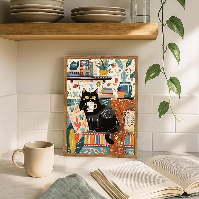 Framed Funny Black Cat Canvas Wall Art, Cute Cat Drinking Coffee on Sofa Pictures Wall Decor, Eclectic Animal Paintings Prints Boho Home Decor for Living Room Cafe Kitchen Bar 16x24 inch