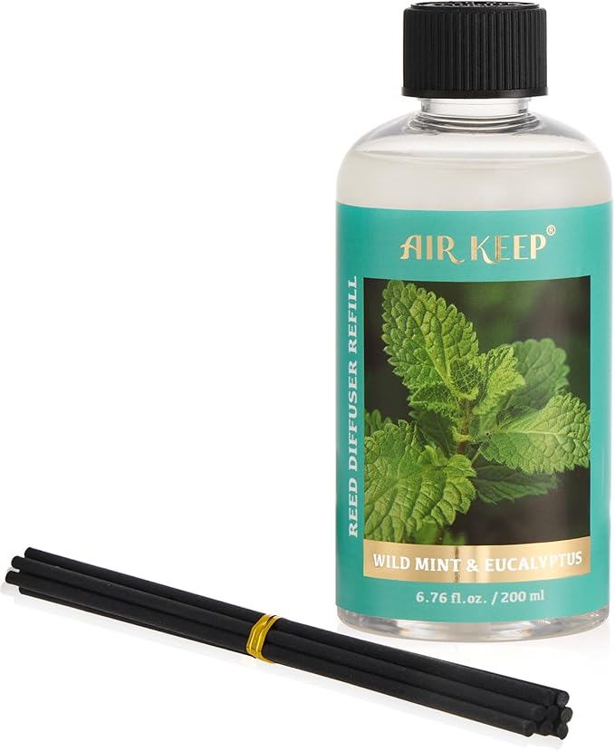 Airkeep Reed Diffuser Oil Refill with Diffuser Sticks, 6.76 Fl Oz(200ml) Wild Mint&Eucalyptus Scented Oils, Aroma Therapy, Home Fragrance & Air Freshener, Office Décor, Decoration