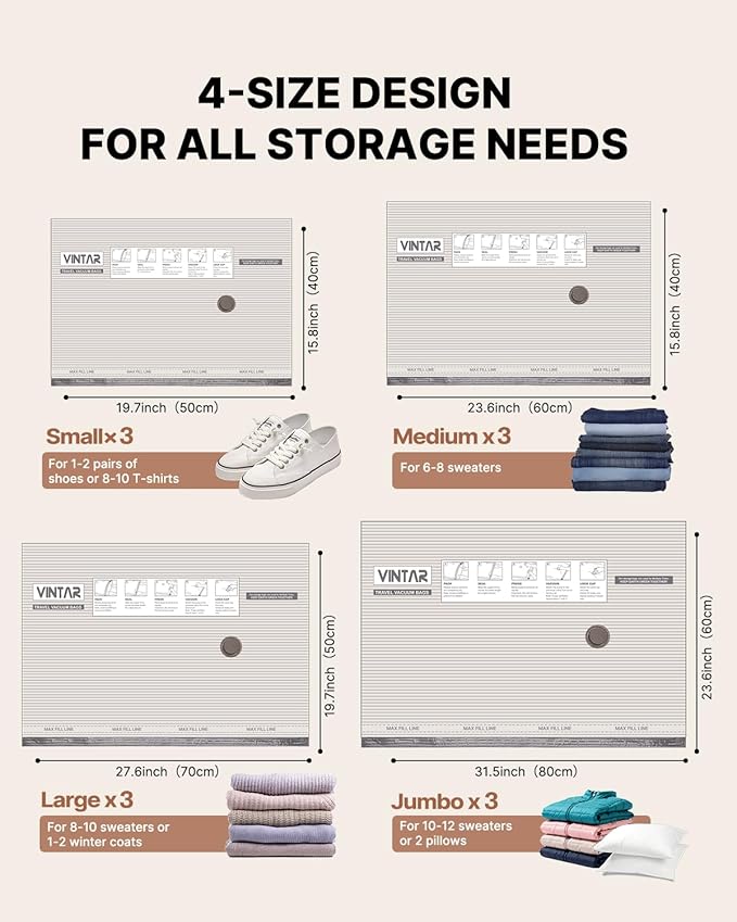 Vacuum Seal Bags for Clothing Travel, VINTAR 12 Pack Vacuum Storage Bags with Rechargeable Wireless Pump, Space Saver Bags(3 Jumbo+3 Large+3 Medium+3 Small) for Travel Luggage, Suitcase Storage