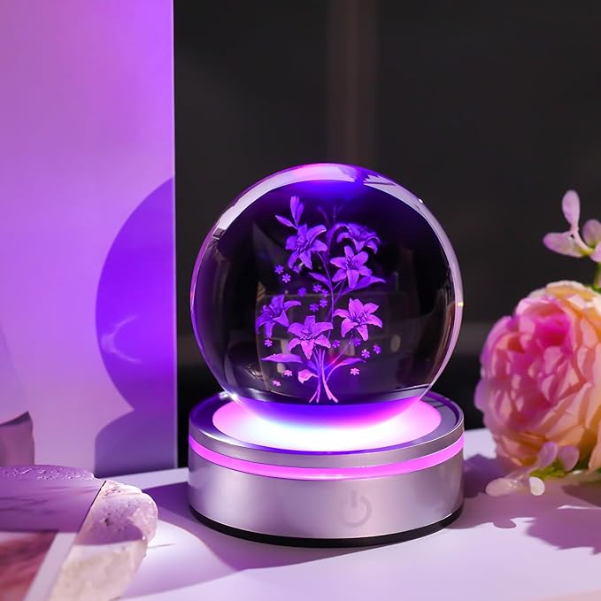Movdyka 3D Laser Etched Lily Crystal Ball with Color-Changing LED Base – Elegant Blooming Flower Lamp for Home Decor, Unique Gift for Women & Men