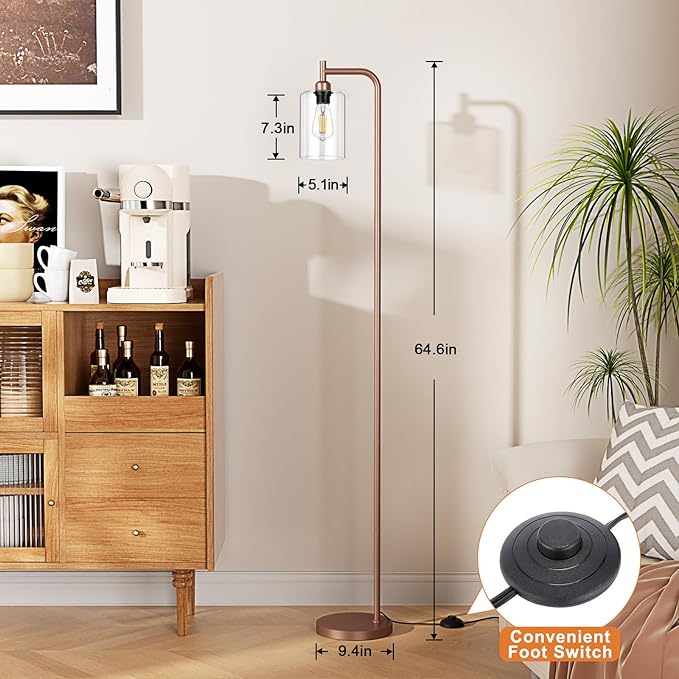 Ziisee Floor Lamps for Living Room - Industrial Standing Lamp with Glass Shade, Modern Floor Lamp with LED Bulbs, Farmhouse Floor Lamp for Bedroom, Tall Lamp for Office - Brown