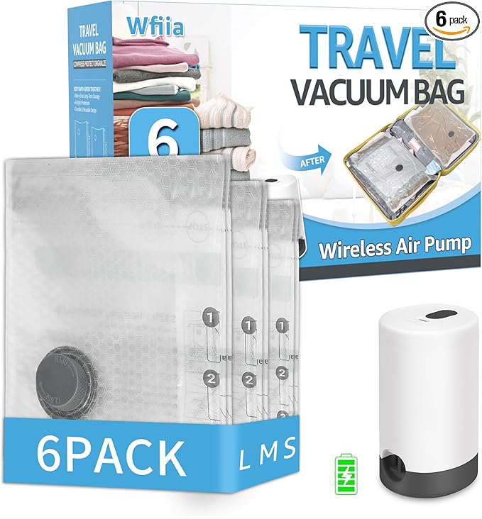 6 Packs Vacuum Bags for Travel with Rechargeable Pump, 3 Sizes Vacuum Seal Bags for Clothing, Compression Vacuum Travel Bags for Luggage, Vacuum Packing Bags for Closet Organization