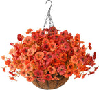 INQCMY Artificial Fall Flowers for Outdoor, 12 Bundles Faux Pansy Fake Mums Flowers Plants Outdoor Fall Decor, UV Resistant No Fade Silk Flower for Porch Planter Patio Yard Garden(Orange Autumn Red)