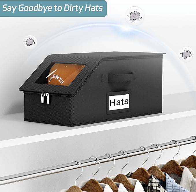 AOODA 2 PCS Stackable Hat Storage for Baseball Caps, Holds up to 24 Caps Hat Organizer for Closet, Sturdy Snapback Boxes for Men with Cardboard (Pure Black)