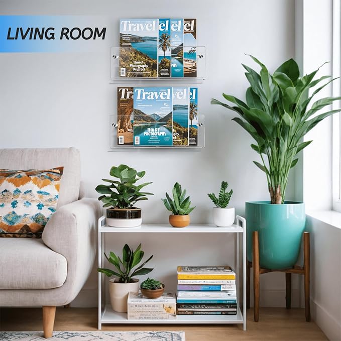 Youeon 2 Pcs Clear Acrylic Magazine Holder Wall Mount, 17 Inch Hanging Magazine Rack with Hardware, Floating Bookshelf Brochure Display Organizer for Home, Office, Reception Area