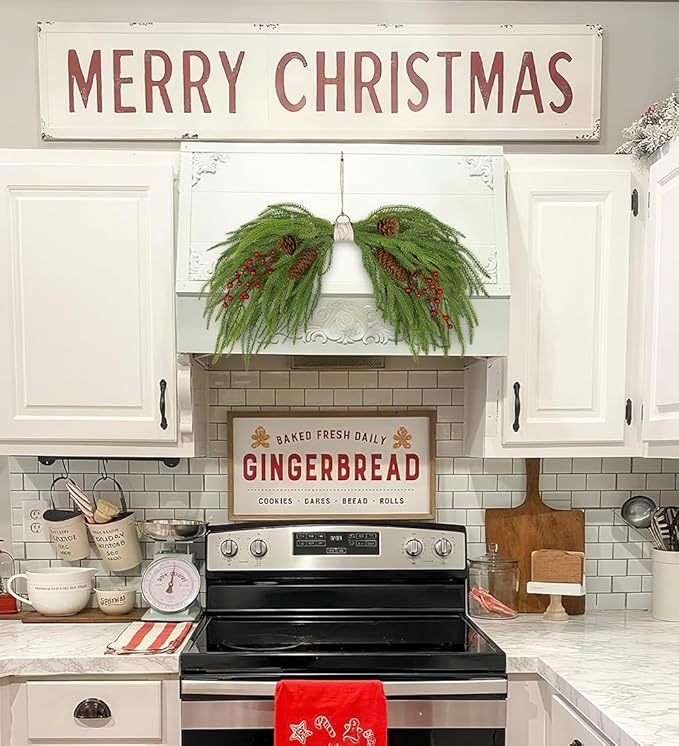 Artificial Christmas Swags with Norfolk Pine, Red Berries and Pinecones, 24" Christmas Thanksgiving Decorations for Front Door, Mantel, Staircase, Window, Xmas Décor