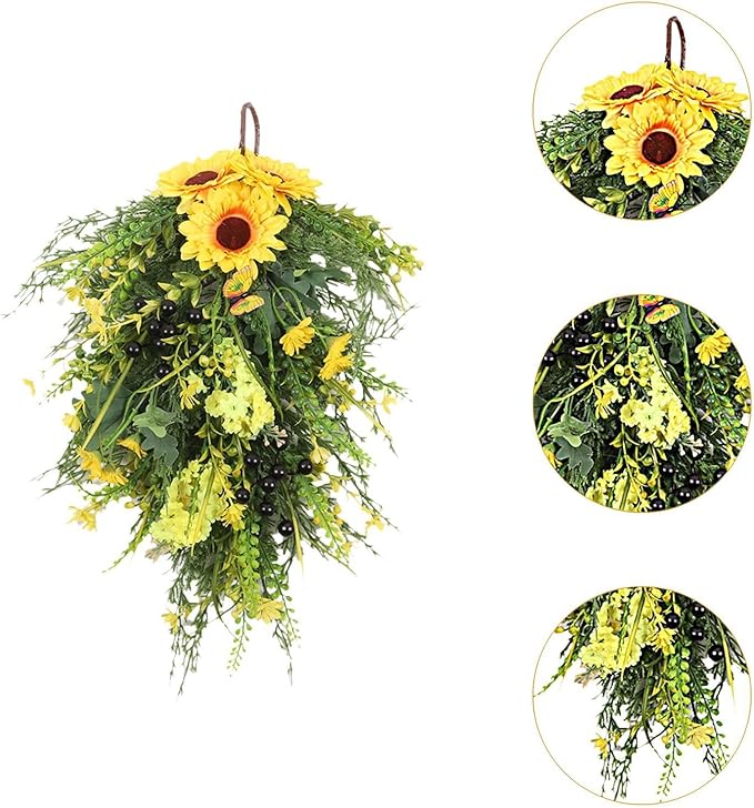 Artificial Flower Teardrop Swag Wreath Handmade with Sunflower Hyacinth Garland Simulation Flowers Hanging Plant Decorative Welcome Sign Suitable for