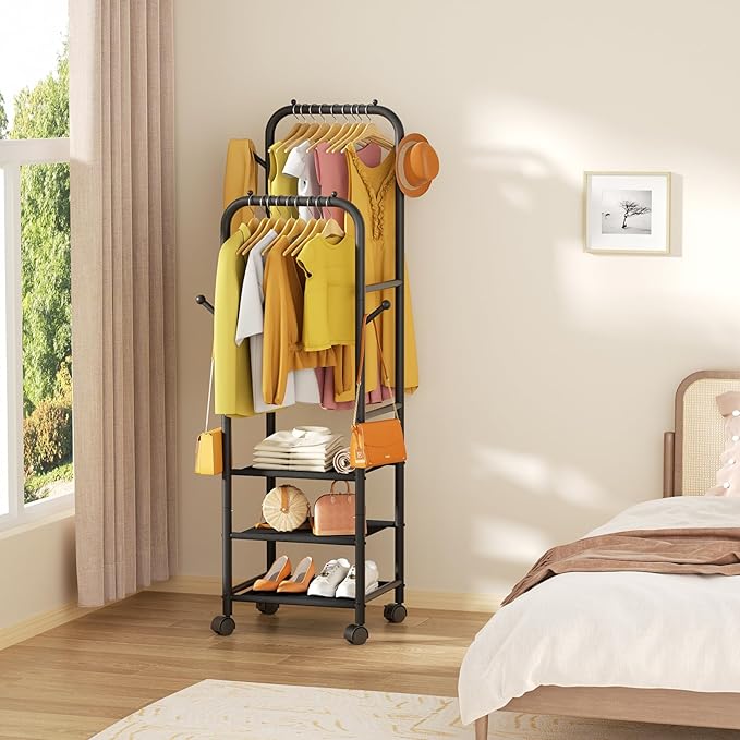 Furologee Clothing Racks for Hanging Clothes, Portable Rolling Garment Rack, Sturdy Metal Freestanding Clothes Rack with Wheels, Double Rods Wardrobe Racks for Bedroom Laundry Living Room