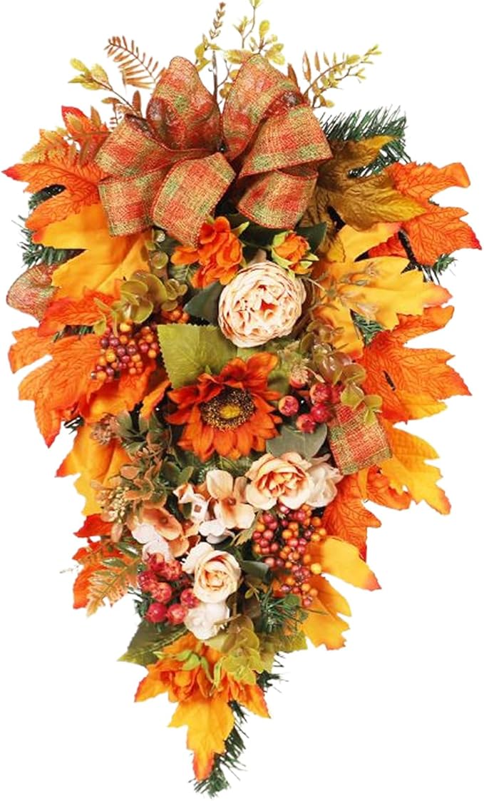 Fall Teardrop Swag - 19.69x12.6 Inches Handmade Flower Maple Berry Wreath for Harvest Festival, Holiday Decorators with Autumn Colors, Artificial Wreath for Apartment, Coffee Shop, Ready to