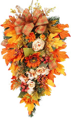 Fall Teardrop Swag - 19.69x12.6 Inches Handmade Flower Maple Berry Wreath for Harvest Festival, Holiday Decorators with Autumn Colors, Artificial Wreath for Apartment, Coffee Shop, Ready to