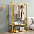 Gold Clothing Rack,Metal Garment Rack with Bottom Storage Shelves and 6 Side Hooks,modern Sturdy clothes racks for hanging clothes,Freestanding Wardrobe Rack for Bedroom or Boutique (L:39.4IN)