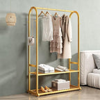 Gold Clothing Rack,Metal Garment Rack with Bottom Storage Shelves and 6 Side Hooks,modern Sturdy clothes racks for hanging clothes,Freestanding Wardrobe Rack for Bedroom or Boutique (L:39.4IN)
