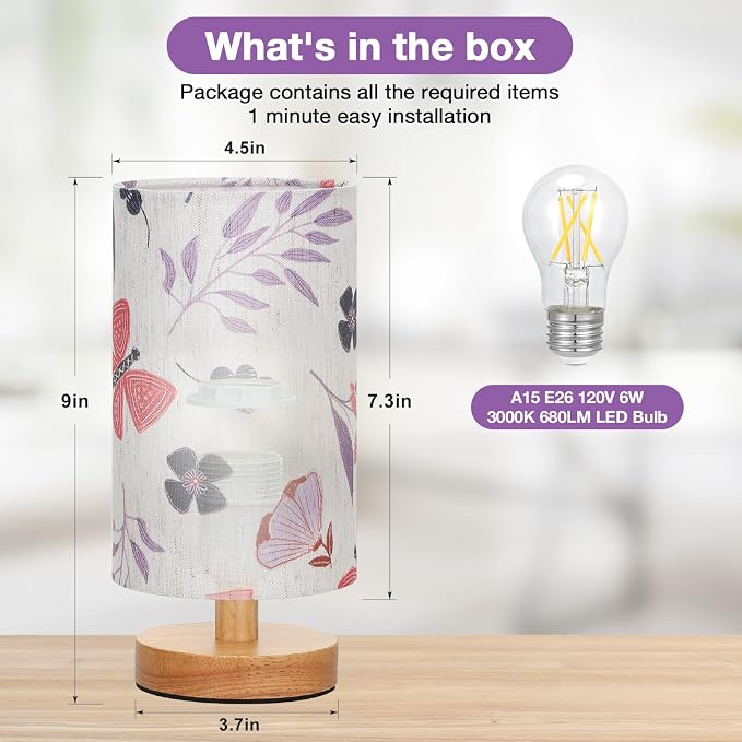 Fenmzee Butterfly Table Lamp for Bedroom - Inline Control, Small Bedside Lamp with 3000K A15 LED Blub, Easy Assembly (Butterfly Cream Shade, 9" Inline Control)
