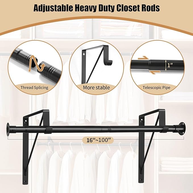 Closet Rod, 16 to 100 Inch Closet Rods Heavy Duty Adjustable Wardrobe Poles for Hanging Clothes and Heavy Duty Bracket Closet Pole Support (The Shelf NOT Included)(Black)