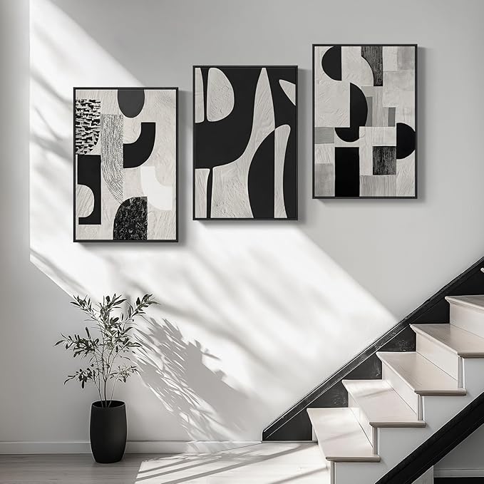 Large Framed Black and White Abstract Wall Art for Living Room, 3 Piece Modern Canvas Prints Paintings Artwork for Walls, Minimalist Geometric Pictures for Entryway Hallway Office Wall Decor 24x36 In