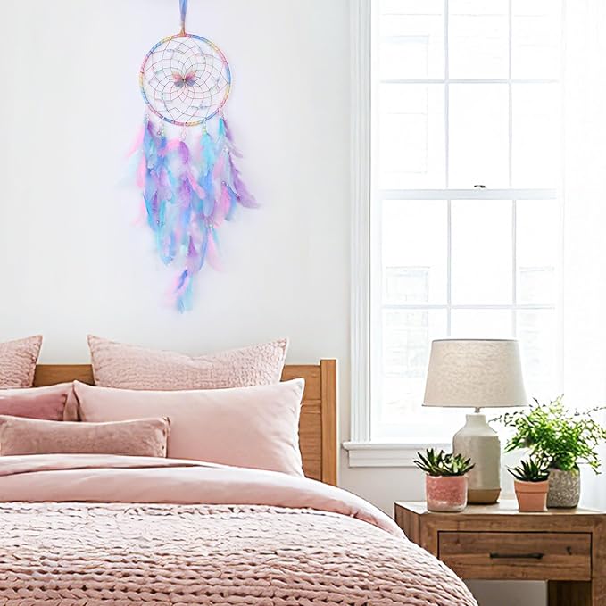 Pretty Jolly Dreamy Girls Butterfly Dream Catcher Wall Decor Fairy Colored Feathers Baby Dreamcatcher Handmade Home Décor Wall Hanging for Nursery Bedroom Girls Birthday Gift
