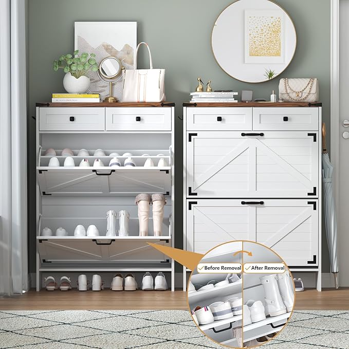 Shoe Cabinet with 2 Flip Drawers and Deodorizing Function, Hidden Shoe Storage Cabinet with 2 Pull-out Drawers, Farmhouse Shoe Organizer for Entryway, Narrow Shoe Rack for Front Door Entrance, White