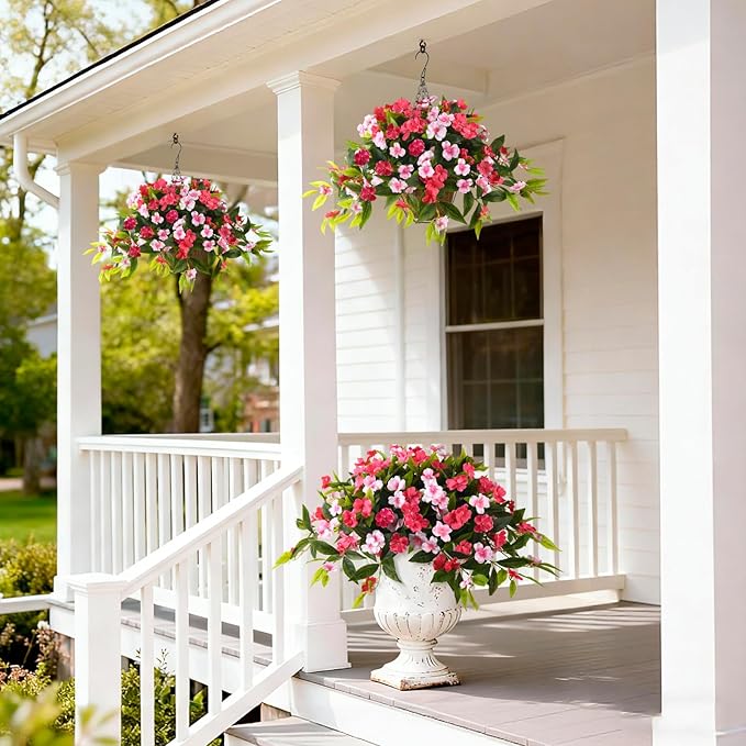 Artificial Flowers for Outdoor, 2 Bundles UV Resistant Fake Plants Decoration Realistic Faux Silk Flowers No Fade Plastic Flowers for Outside Planters Home Porch Patio Yard Garden Decor