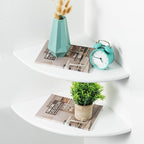 White Corner Shelf, Wall Mount 10inch Natural Oak Wood Floating Corner Wall Shelf Round End Small Corner Nightstand Plant Shelf for Bedroom, Kitchen, Living Room Set of 2