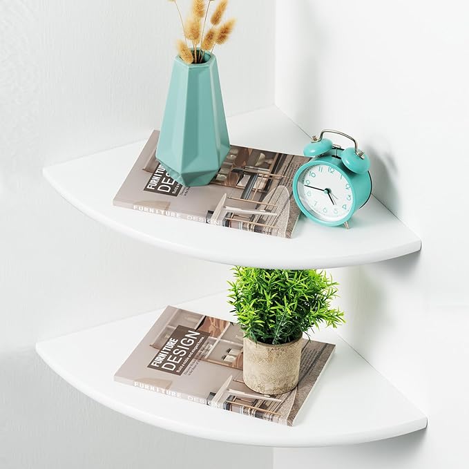 White Corner Shelf, Wall Mount 10inch Natural Oak Wood Floating Corner Wall Shelf Round End Small Corner Nightstand Plant Shelf for Bedroom, Kitchen, Living Room Set of 2