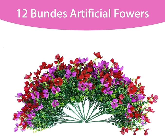 Artificial Faux Plants Flowers Outdoor Spring Summer Decoration, 12 Bundles Fake Silk Colorful Daisy Eucalyptus Realistic UV Resistant for Outside Home Planter Porch Patio Yard Decor (Red Purple)