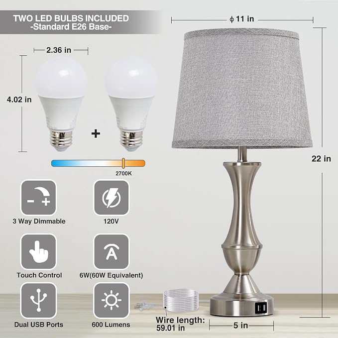 Touch Table Lamps Set of 2, 22" Tall Bedside Lamps, Nightstand Lamps with USB C+A Charging Ports, Dimmable Lamp for Bedrooms, Living Room, Office, Silver Lamp with Grey Lampshade, Bulbs Included