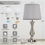 Touch Table Lamps Set of 2, 22" Tall Bedside Lamps, Nightstand Lamps with USB C+A Charging Ports, Dimmable Lamp for Bedrooms, Living Room, Office, Silver Lamp with Grey Lampshade, Bulbs Included
