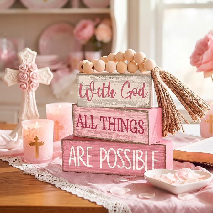 Lineshading 4 Pcs Christian Table Decor Pink Rustic Wooden Block Sign Set with God All Things are Possible Farmhouse Stacked Decor with Beaded Garland Tassel Christian Home Decors for Office, Shelf