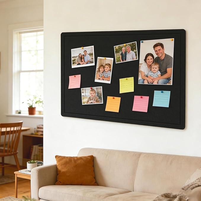 Cork Board Alternative, Decorative Foldable Felt Bulletin Board 24 * 16 Inches, Alternative Photo Board Self-Adhesive Vision Board, Decorative Pin Board (Rectangle Black)