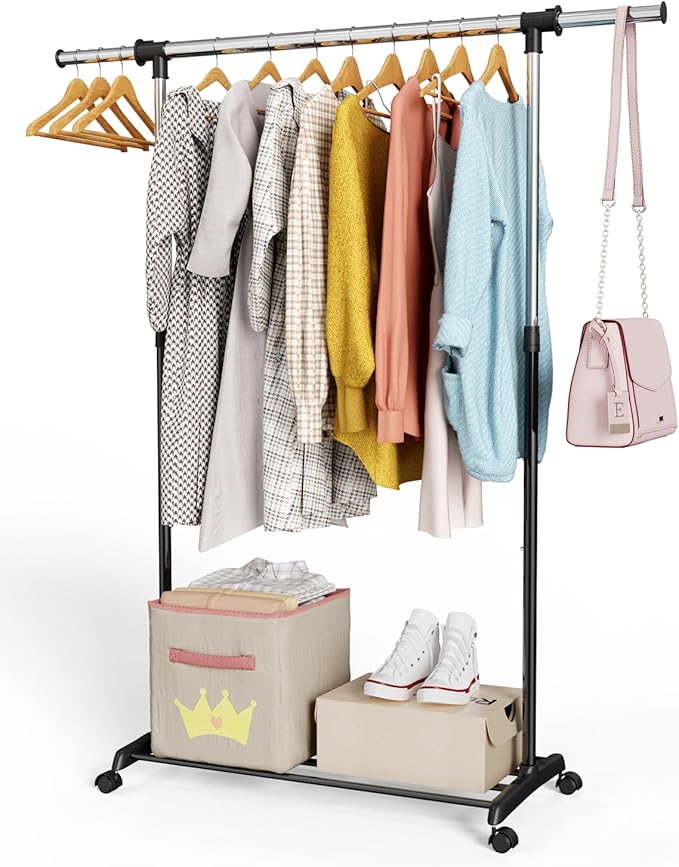 Whitmor Heavy Duty Adjustable Garment Rack-Rolling Clothes Organizer, Black and Chrome