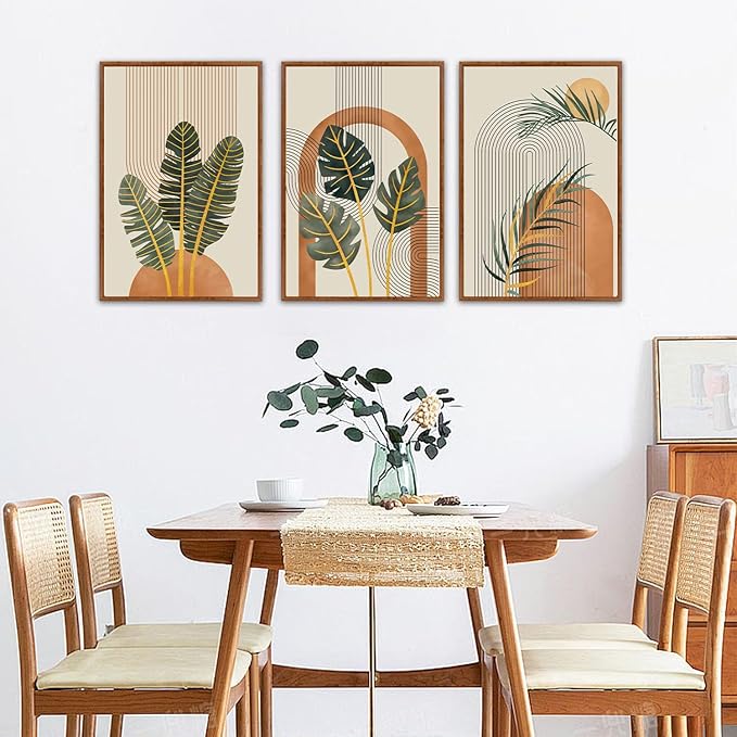 KAIRNE Boho Canvas Wall Art,Abstract Minimalist Room Decor,Tropical Botanical Wall Decor,Mid-Century Geometric Illustrations Set of 3(24”X36”),Botanical Print for Living Room Bedroom Dining Room Decor