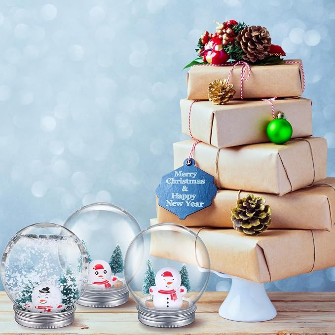 Jerify 16 Sets 3.58 Inch Christmas Plastic Clear Snow Globes Kit Water Globe with Screw Off Cap Artificial Christmas Trees Small Snowman Snowflakes for DIY Snow Globes Home Decoration Crafts