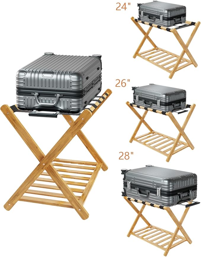 Luggage Racks, Folding Bamboo Suitcase Stand with Storage Shelf and Nylon Straps, Luggage Holders Assembled Suitcase Storage Caddy Holder for Guest Room, Hotel, Bedroom, Natural, Pack of 2