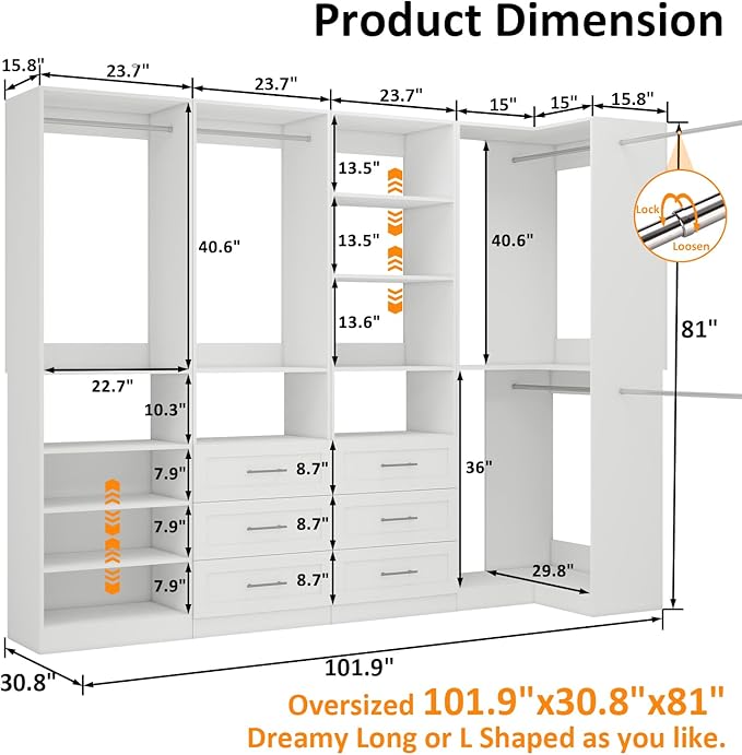 Closet System with 4 sets, 101.9" Closet Organizer Systems with 6 Drawers & 8 Hanging Rods & Adjustable Shelves, Walk in Closet Standing Closet System, Corner Closet System Set, White
