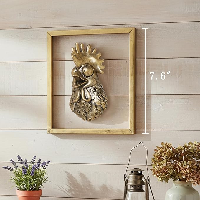 Newinhome Animal Heads Wall Decor (Includes Metal Frame) Resin Animals Sculptures Head Wall Hanging Decoration Gold vintage Wall Sculpture for Living Room Bedroom Office(Rooster)