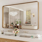 LOAAO 60X30 Inch Bathroom Mirror with Wood Grain Colored Metal Frame, Rounded Rectangle Metal Framed Bathroom Mirror, Anti-Rust, Hangs Horizontally or Vertically, Tempered Glass